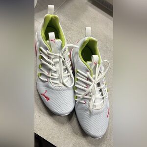 Puma Women's White Sneakers with Pink and Green Accents